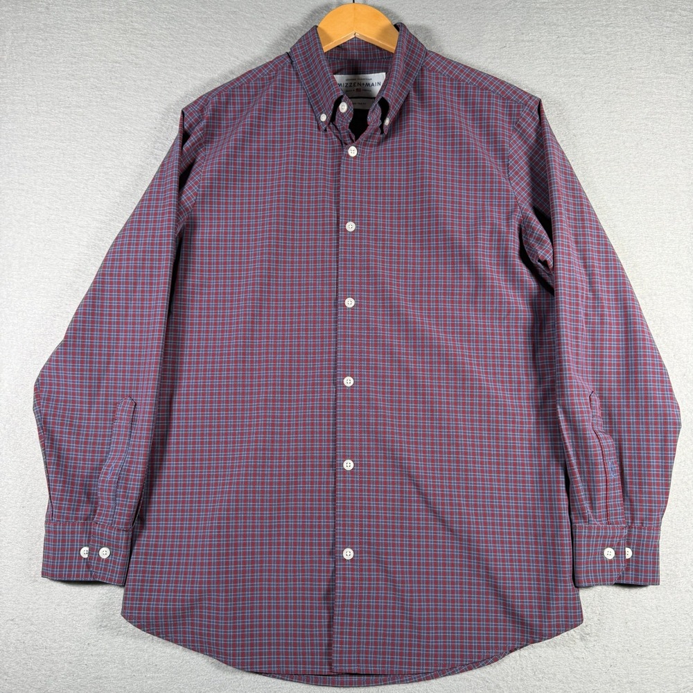Mizzen + Main Leeward Trim Fit Dress Shirt Mens Large Red Blue Check Made in USA